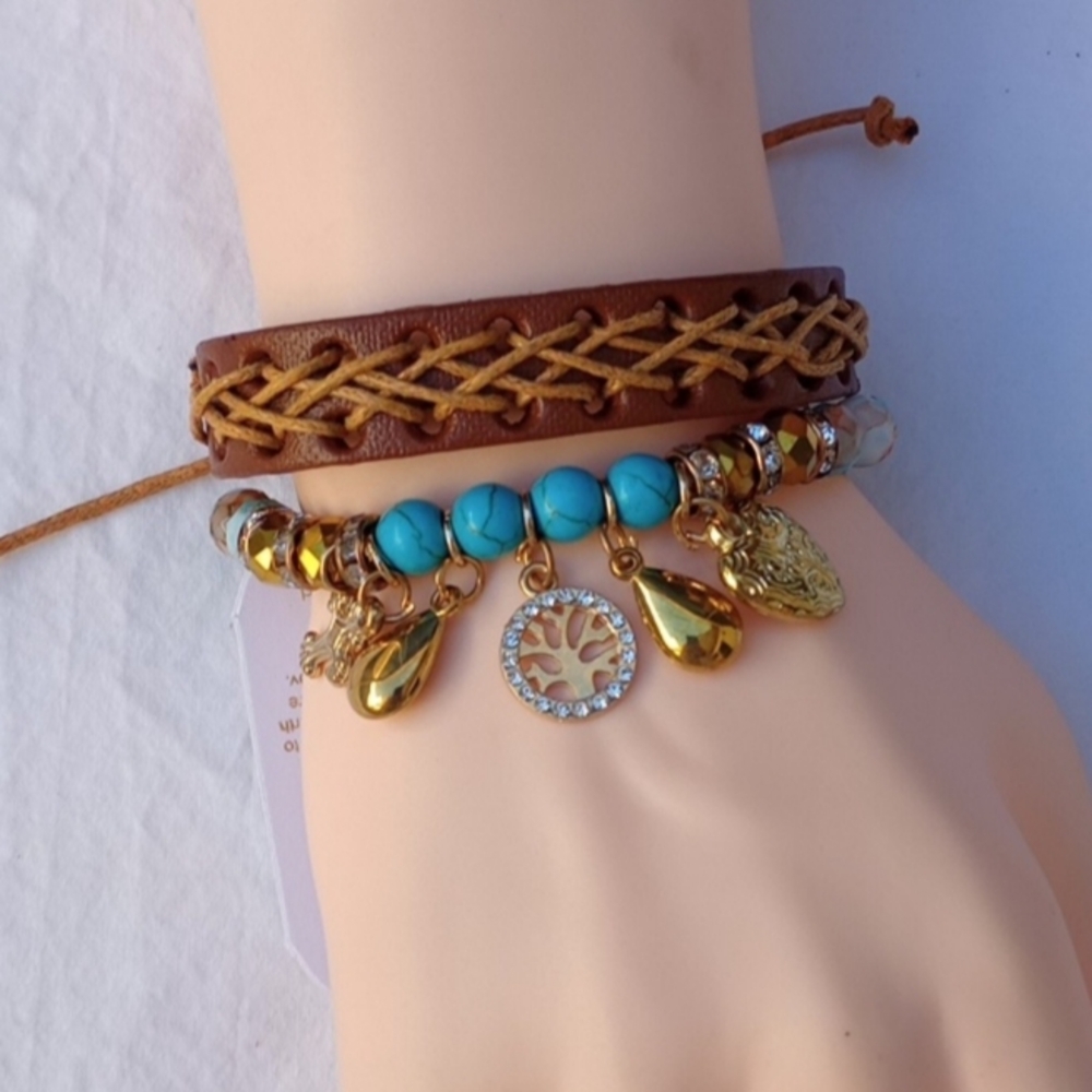 NWT Boho Turquoise & Leather Layered Charm Bracelet Set